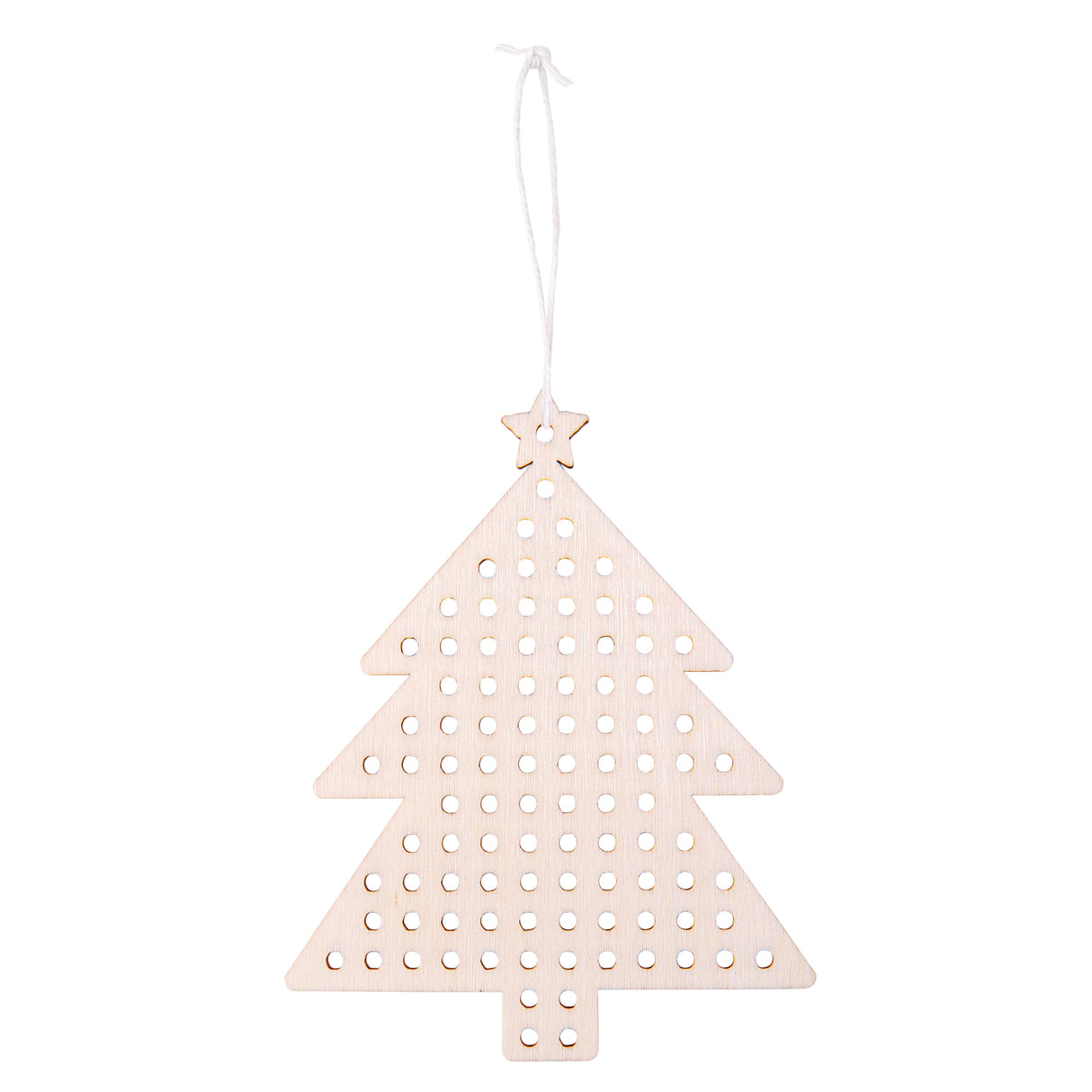 Wooden Christmas tree ornament with natural timber finish, featuring multiple evenly-spaced circular holes across its surface for embroidery or threading activities. A small star decoration sits at the top, with a white hanging cord attached for display.