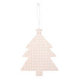 Wooden Christmas tree ornament with natural timber finish, featuring multiple evenly-spaced circular holes across its surface for embroidery or threading activities. A small star decoration sits at the top, with a white hanging cord attached for display.