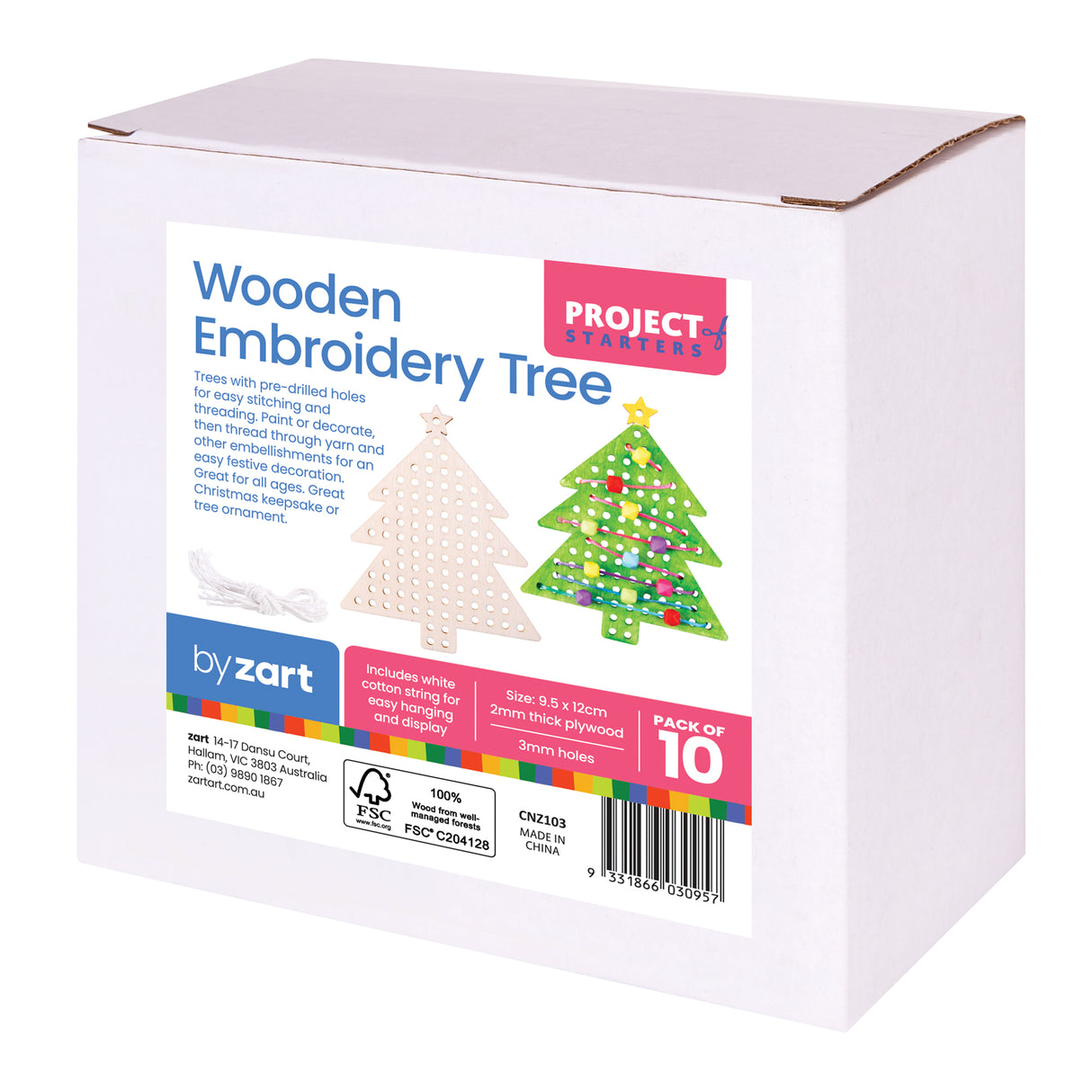 White cardboard box displaying Project Starters Wooden Embroidery Tree by Zart. Label shows two Christmas tree examples: one plain wooden tree with pre-drilled holes and white cotton string, another decorated in green with colourful embroidered yarn, pompoms and star. Pack of 10 trees, each measuring 9.5 x 12cm in 2mm thick plywood with 3mm holes.