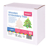 White cardboard box displaying Project Starters Wooden Embroidery Tree by Zart. Label shows two Christmas tree examples: one plain wooden tree with pre-drilled holes and white cotton string, another decorated in green with colourful embroidered yarn, pompoms and star. Pack of 10 trees, each measuring 9.5 x 12cm in 2mm thick plywood with 3mm holes.