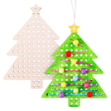 Two wooden Christmas tree shapes displayed side by side, the left unpainted with multiple pre-drilled holes arranged in rows, and the right decorated in bright green paint with colourful threaded beads including yellow, red, pink, purple and blue woven through the holes in decorative patterns, topped with a yellow star and white hanging cord.