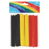 Pack of one hundred wooden craft popsticks in Aboriginal flag colours, featuring black, yellow, and red sticks arranged in groups. ARBee CRAFT packaging displays a vibrant rainbow design at the top. The smooth, flat popsticks are ideal for Indigenous cultural craft projects and educational activities.