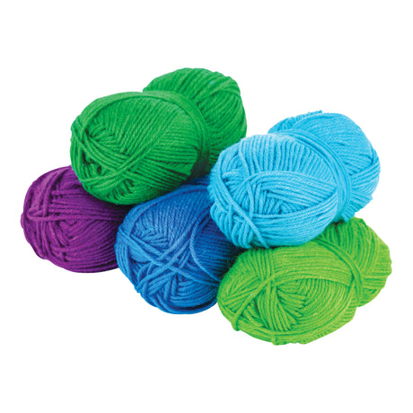 Group of soft 4 Ply acrylic wool yarn balls arranged together in cool colours, including purple, teal, blue, emerald and light green. Each ball shows tightly wound strands with a smooth, slightly fuzzy texture and consistent thickness.