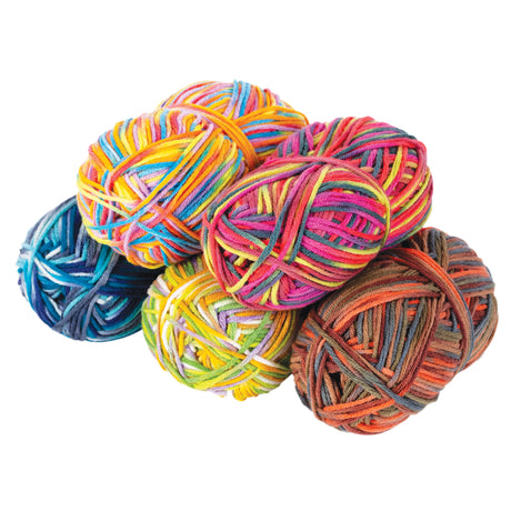 Cluster of multicolour 4 Ply acrylic wool yarn balls displaying variegated strands in rainbow and earthy tones. Each ball features tightly wrapped, smooth fibres with a soft texture, showing blended colour transitions throughout the yarn.
