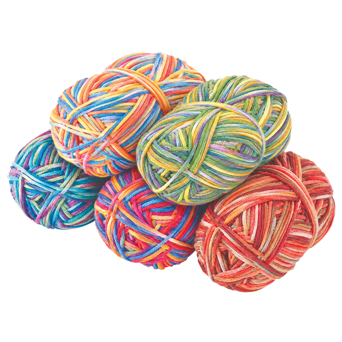 Cluster of multicolour  acrylic wool yarn balls displaying variegated strands in rainbow and earthy tones. Each ball features tightly wrapped, smooth fibres with a soft texture, showing blended colour transitions throughout the yarn.
