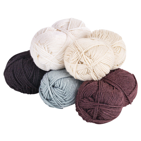 Collection of neutral-toned 4 Ply acrylic wool yarn balls including black, grey, cream and brown. The yarn is tightly wound into compact balls, showing smooth, even strands with a soft, slightly fuzzy surface texture.