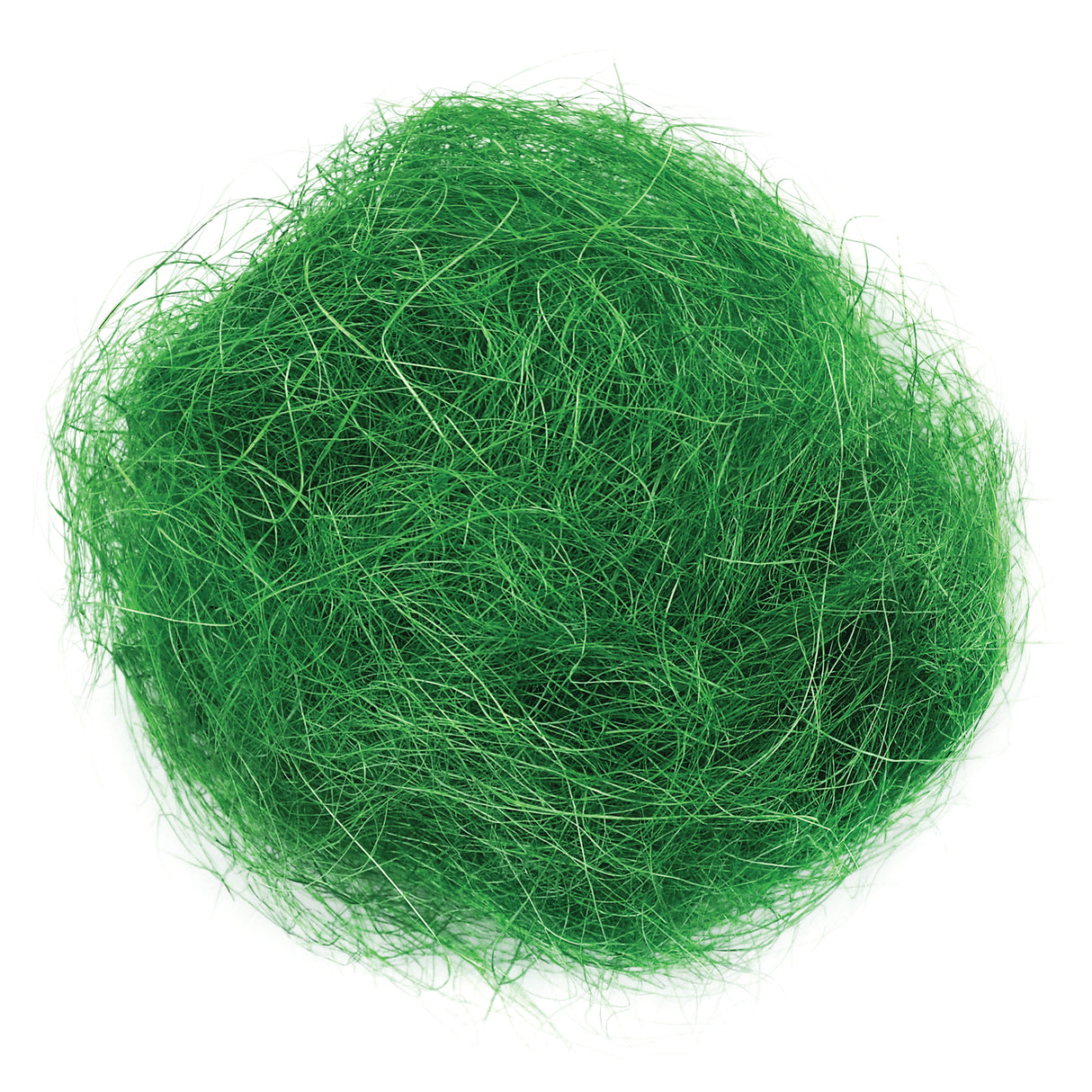 Vibrant green decorative fibre grass arranged in a loose, rounded bundle showing fine, wispy strands creating a natural grass-like texture. The synthetic craft material displays varying shades of green from bright lime to deep forest, with delicate filaments spreading outward in an organic, tangled pattern ideal for art projects and collage work.