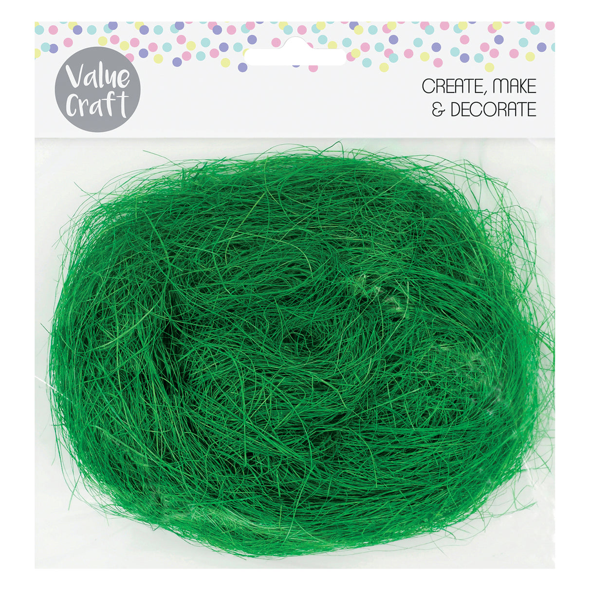 Value Craft Decorative Fibre Grass in vibrant green, displayed as a generous clump of fine, wispy synthetic strands in clear packaging. The product features a colourful confetti border at the top and text reading CREATE, MAKE & DECORATE. Ideal for craft projects, Easter decorations, and creative embellishments.