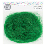 Value Craft Decorative Fibre Grass in vibrant green, displayed as a generous clump of fine, wispy synthetic strands in clear packaging. The product features a colourful confetti border at the top and text reading CREATE, MAKE & DECORATE. Ideal for craft projects, Easter decorations, and creative embellishments.