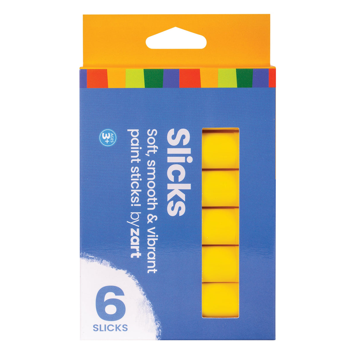 Blue cardboard package with orange and yellow hanging tab displaying six bright yellow Slicks paint sticks through a clear window. The package features colourful stripes along the top edge and white text reading "Slicks Soft, smooth & vibrant paint sticks! by Zart" with "6 SLICKS" prominently shown at the bottom.