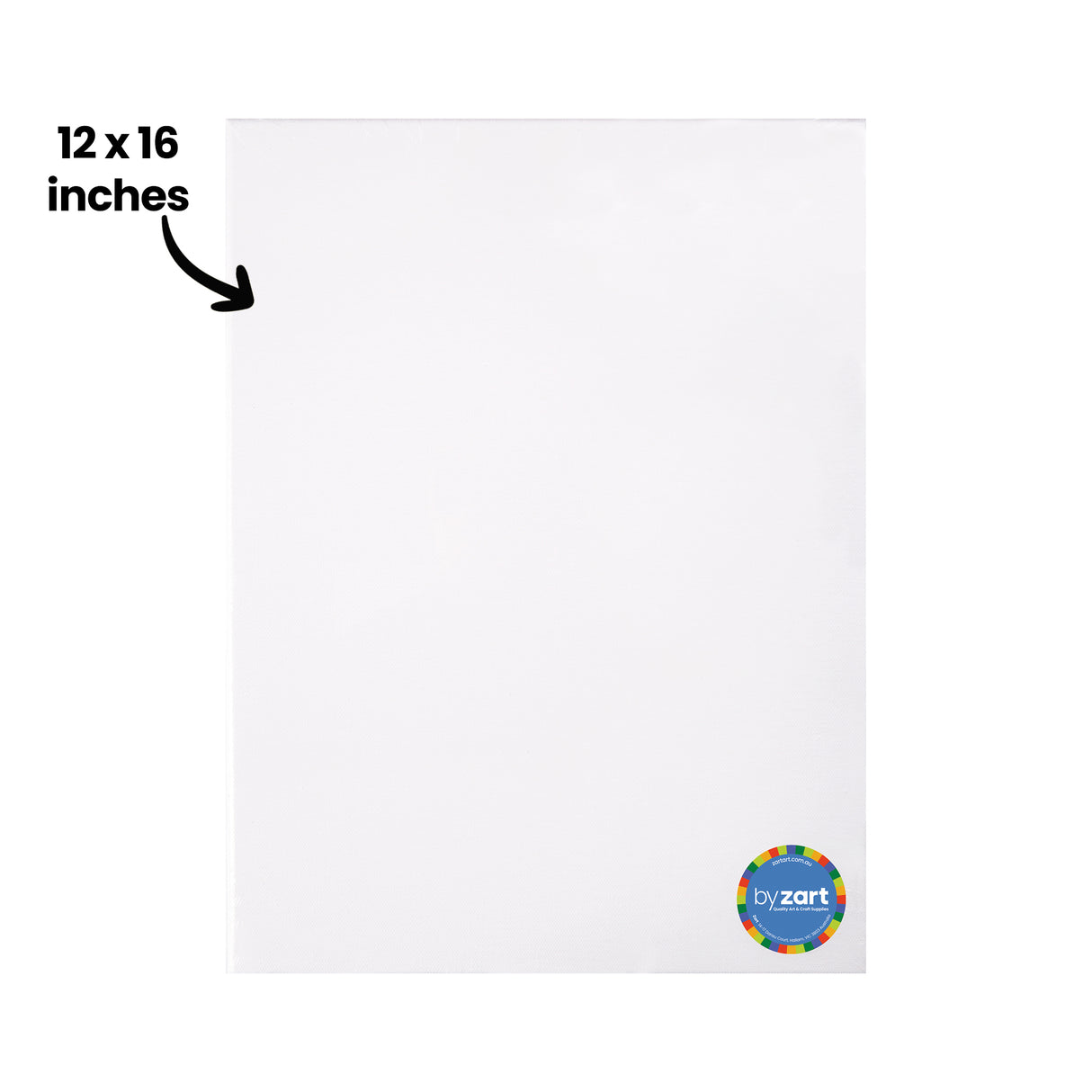 A blank Zart stretched canvas shown front-on, annotated "12 x 16 inches" with an arrow pointing to the surface. The white primed face is smooth and unmarked, with a round "by zart" sticker in the lower right corner, set against a plain white background.