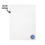 A blank Zart stretched canvas shown front-on, annotated "12 x 16 inches" with an arrow pointing to the surface. The white primed face is smooth and unmarked, with a round "by zart" sticker in the lower right corner, set against a plain white background.