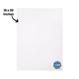 A blank Zart stretched canvas shown front-on, annotated "16 x 20 inches" with an arrow pointing to the surface. The white primed face is smooth and unmarked, with a round "by zart" sticker in the lower right corner, set against a plain white background.