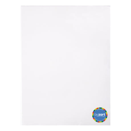 A single blank Zart stretched canvas shown front-on, its white primed surface smooth and unmarked. A round rainbow-bordered "by zart" sticker sits in the lower right corner, noting quality art and craft supplies. The thin-profile canvas is photographed against a plain white background.