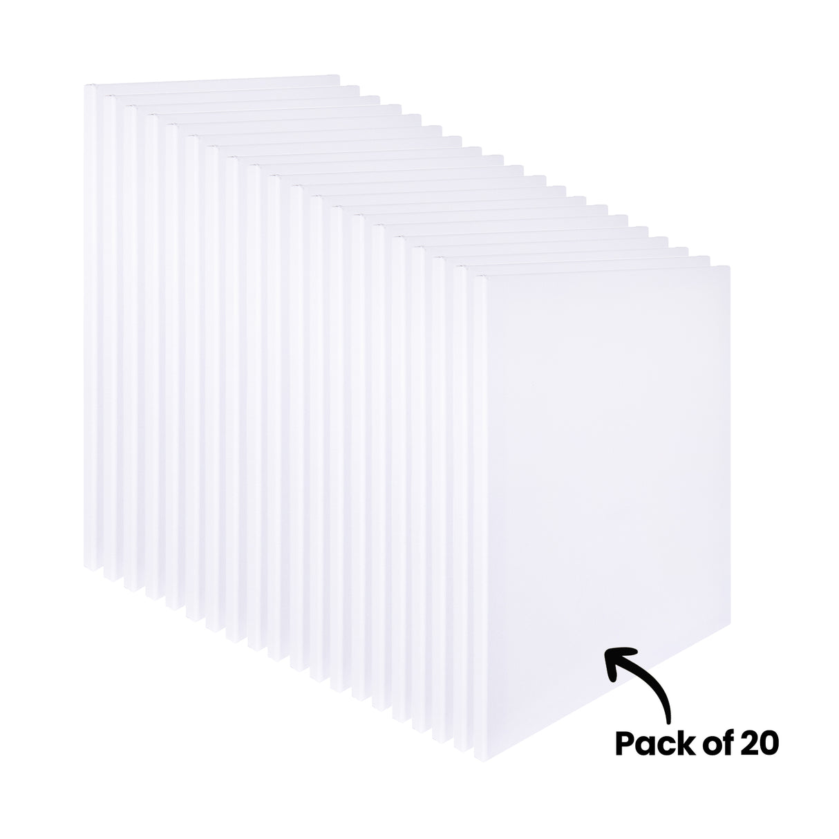 Many blank Zart stretched canvases lined up in a long row, annotated "Pack of 20". Each thin white canvas leans against the next, showing the quantity included in the pack. The uniform primed surfaces and slim profiles are seen against a plain white background.