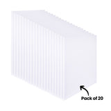 Many blank Zart stretched canvases lined up in a long row, annotated "Pack of 20". Each thin white canvas leans against the next, showing the quantity included in the pack. The uniform primed surfaces and slim profiles are seen against a plain white background.