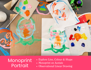 Zart Professional Learning Workshop value point tile for Creative Foundations: Monoprint Portrait. A flat lay of colourful monoprint portrait artworks on paper and kraft board, surrounded by paint palettes, markers, and acetate sheets. Bullet points read: Explore Line, Colour & Shape; Monoprint on Acetate; Observational Linear Drawing.