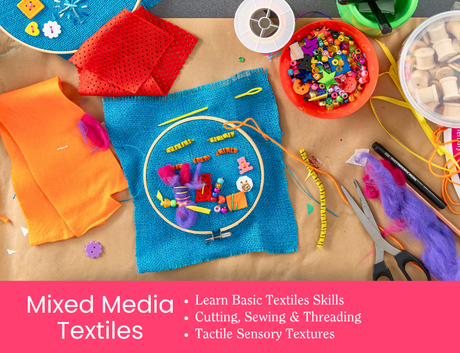 Zart Professional Learning Workshop value point tile for Creative Foundations: Mixed Media Textiles. A flat lay of a bright blue embroidery hoop with mixed media embellishments, surrounded by colourful beads, sequins, fabric, scissors, and thread. Bullet points read: Learn Basic Textiles Skills; Cutting, Sewing & Threading; Tactile Sensory Textures.