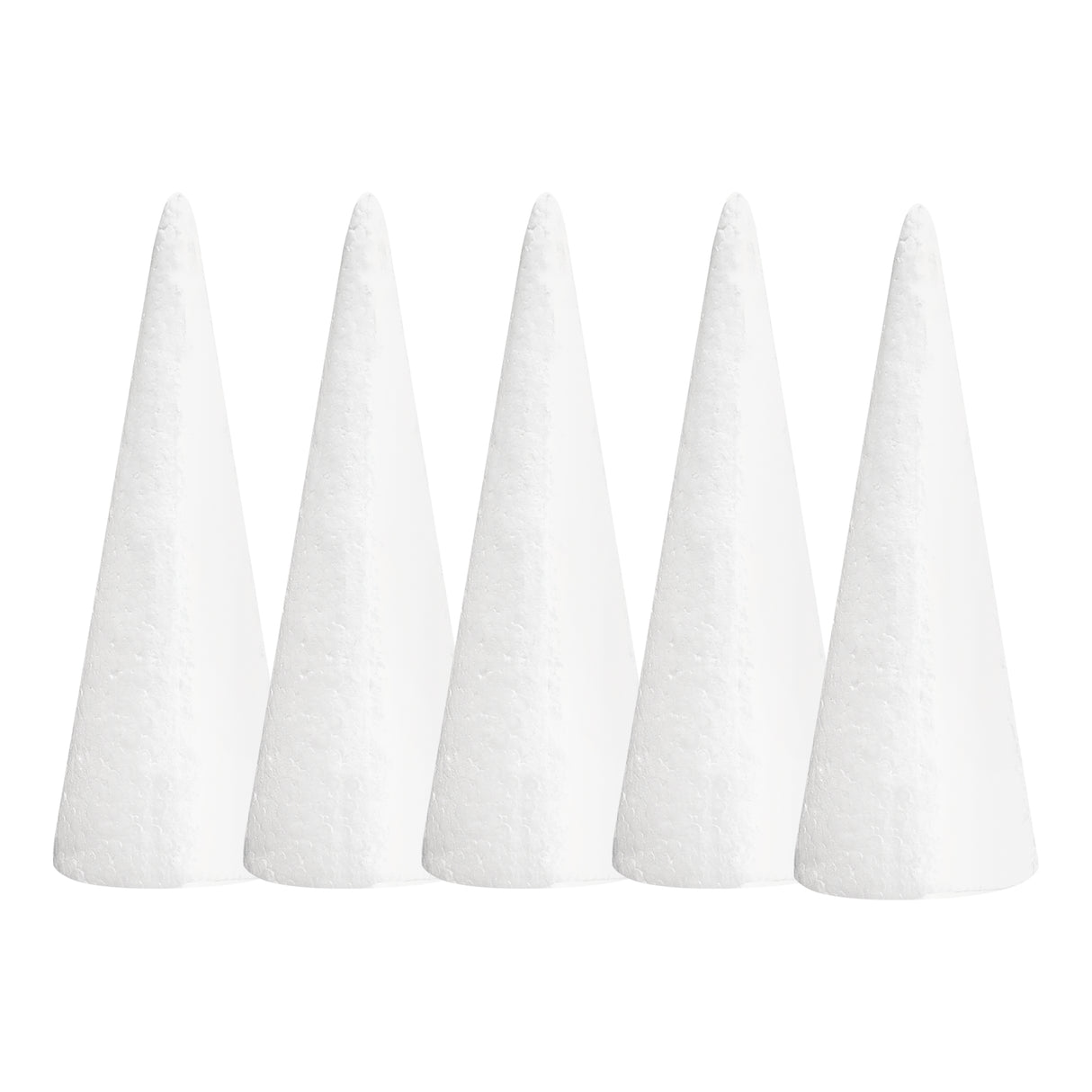 A set of Zart Poly Cones — five smooth, tapered white foam cones of matching size, standing upright in a row. Each has a pointed tip and a flat base, showing the plain, ready-to-decorate surface of the pack of 5.