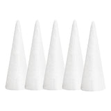 A set of Zart Poly Cones — five smooth, tapered white foam cones of matching size, standing upright in a row. Each has a pointed tip and a flat base, showing the plain, ready-to-decorate surface of the pack of 5.