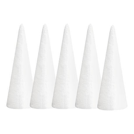 A set of Zart Poly Cones — five smooth, tapered white foam cones of matching size, standing upright in a row. Each has a pointed tip and a flat base, showing the plain, ready-to-decorate surface of the pack of 5.