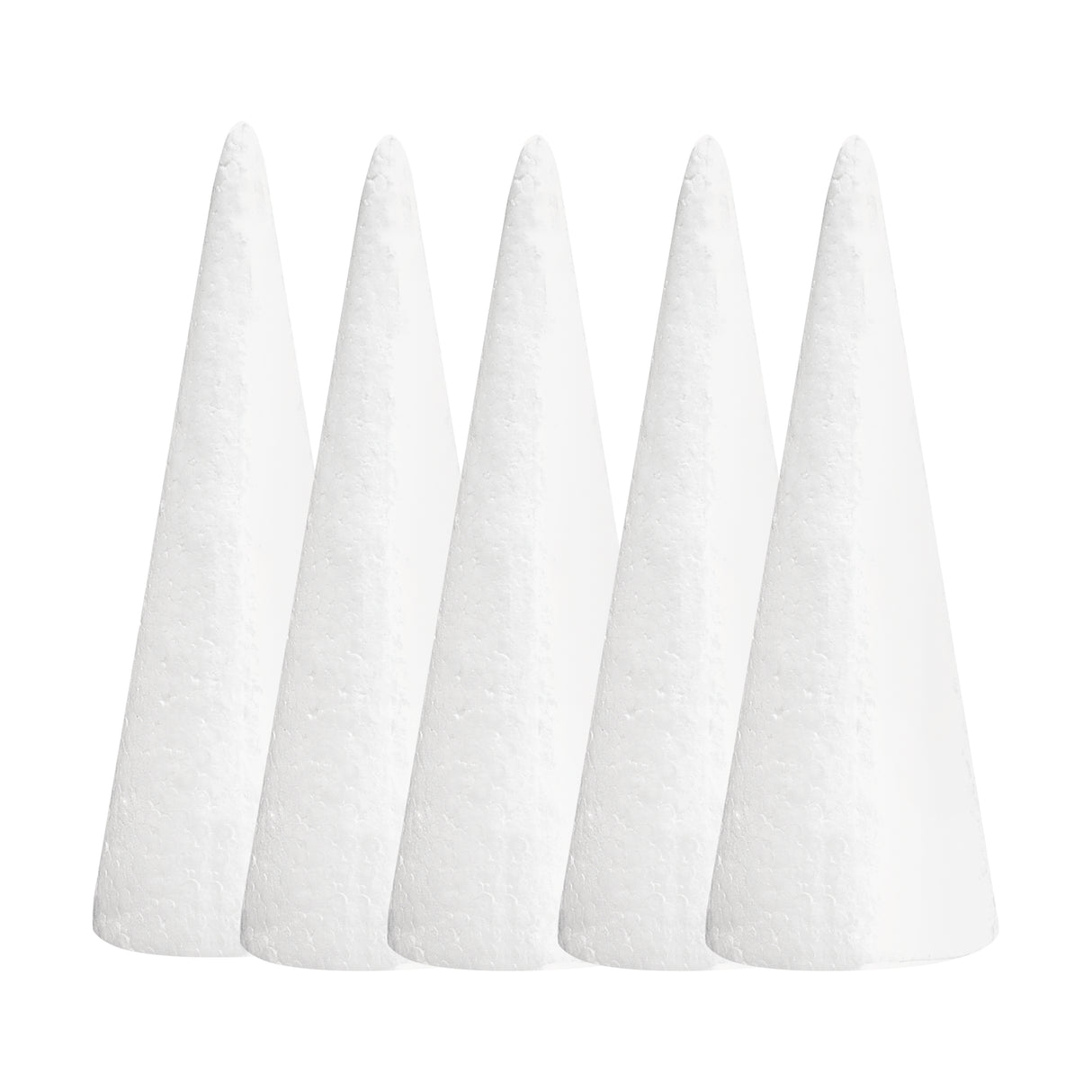 Another set of Zart Poly Cones, showing five smooth, tapered white foam cones of matching size arranged upright in a row. Each cone has a pointed tip and flat base, presented plain and undecorated as a ready-to-craft base shape.