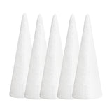 Another set of Zart Poly Cones, showing five smooth, tapered white foam cones of matching size arranged upright in a row. Each cone has a pointed tip and flat base, presented plain and undecorated as a ready-to-craft base shape.