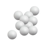 A group of ten Zart Poly Deco Foam balls clustered together against a white background. Each smooth white sphere shows the lightly dimpled, beaded foam texture across its surface, with a faint seam line running around the middle of each ball.
