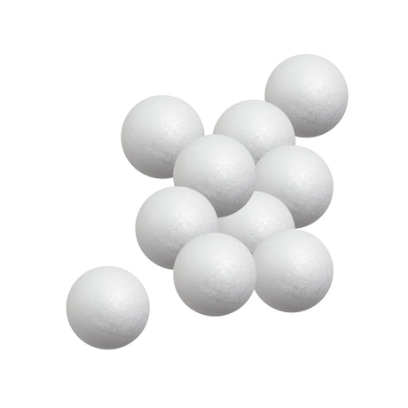 A group of ten Zart Poly Deco Foam balls clustered together against a white background. Each smooth white sphere shows the lightly dimpled, beaded foam texture across its surface, with a faint seam line running around the middle of each ball.