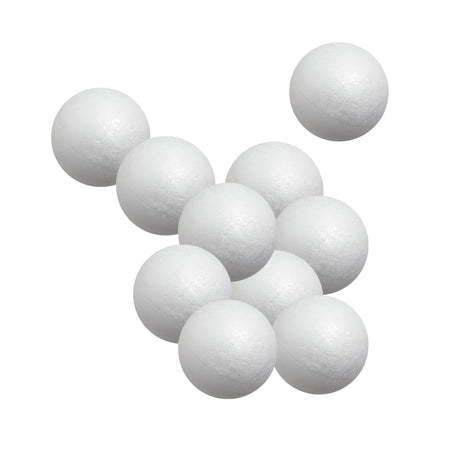 Ten Zart Poly Deco Foam balls arranged in a loose cluster against a white background. Each smooth white sphere shows the lightly dimpled, beaded foam texture across its surface, with a faint moulding seam running around the middle of each ball.