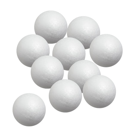 Ten Zart Poly Deco Foam balls gathered in a loose arrangement against a white background. Each smooth white sphere shows the lightly dimpled, beaded foam texture across its surface, with a faint moulding seam running around the middle of each ball.