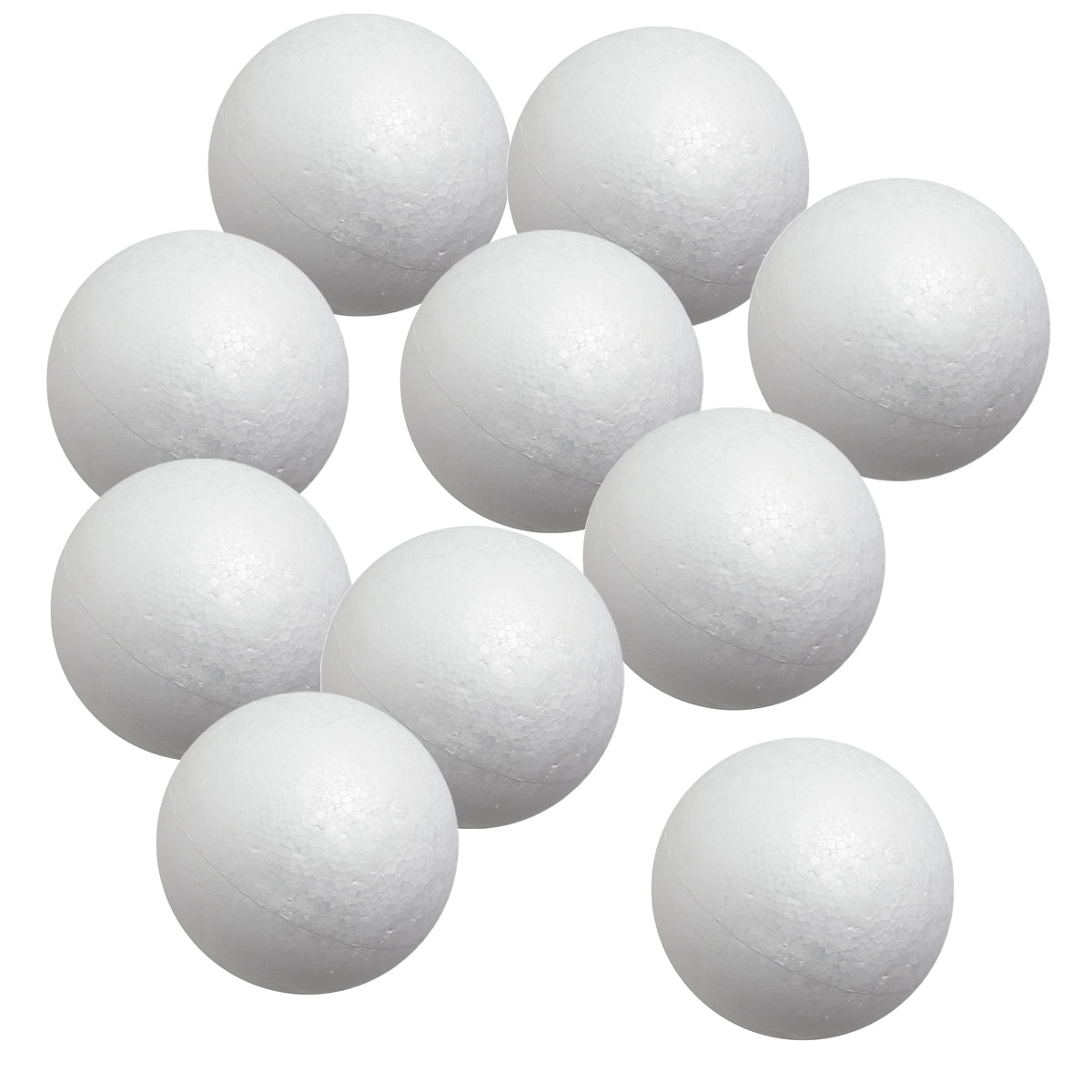 A cluster of ten Zart Poly Deco Foam balls grouped together against a white background. Each smooth white sphere displays the characteristic lightly dimpled, beaded foam texture, with a faint seam line visible around the centre of each ball.