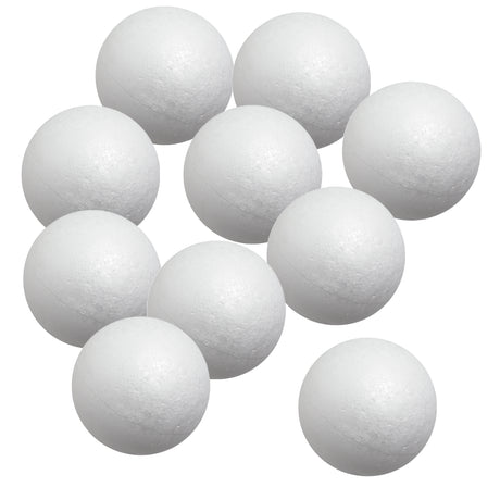 A cluster of ten Zart Poly Deco Foam balls grouped together against a white background. Each smooth white sphere displays the characteristic lightly dimpled, beaded foam texture, with a faint seam line visible around the centre of each ball.