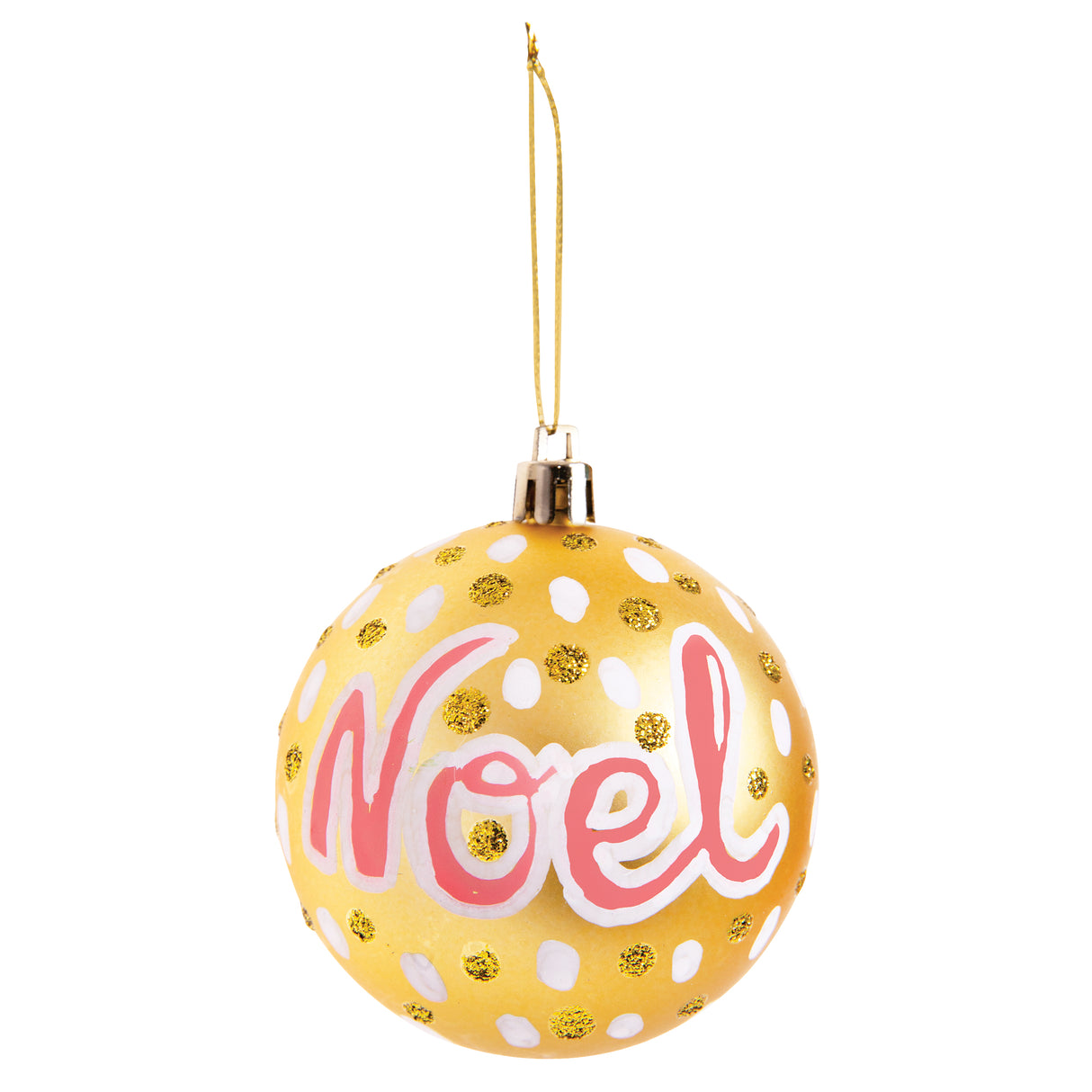 A gold bauble from the Zart Gold and Silver Baubles range, decorated with white polka dots and gold glitter dots across the surface. The word "Noel" is hand-painted in coral script with a white outline. A gold cord loop extends from a silver cap for hanging.