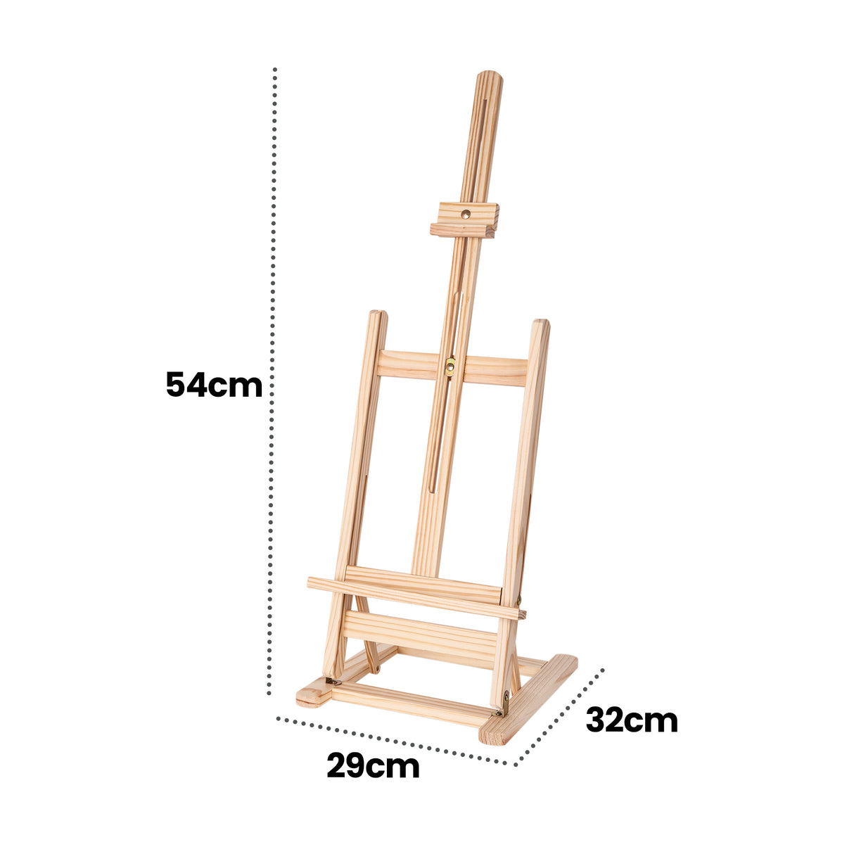 Natural wood tabletop easel displayed at an angle against a light grey background with black dotted measurement annotations reading 54cm, 29cm and 32cm. The easel features visible woodgrain texture, brass fittings, adjustable centre support and a compact rectangular base with clean geometric lines.