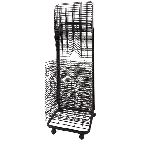 Tall black metal drying rack with multiple wire shelves and four castor wheels, designed for drying artwork or prints, shown on a white background.