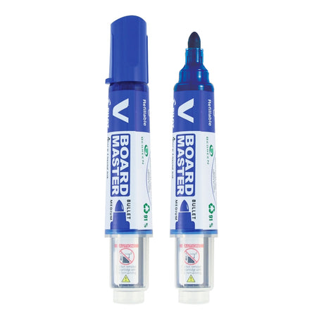 Two blue Pilot BegreeN V Board Master whiteboard markers with bullet tips shown side by side, one with cap on and one uncapped displaying the 0.9mm blue nib. The markers feature recyclable construction with 91% recycled content indicated by green recycling symbols on the barrel.