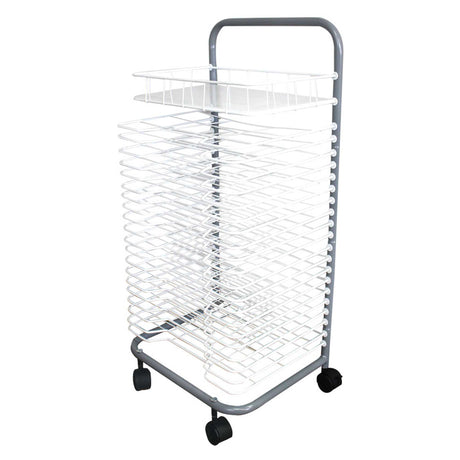 Zart Product DPZ121 Drying Rack with Tray 20 Shelves - A tall, wheeled drying rack with multiple white wire shelves and a grey metal frame, used for drying artworks or paper.