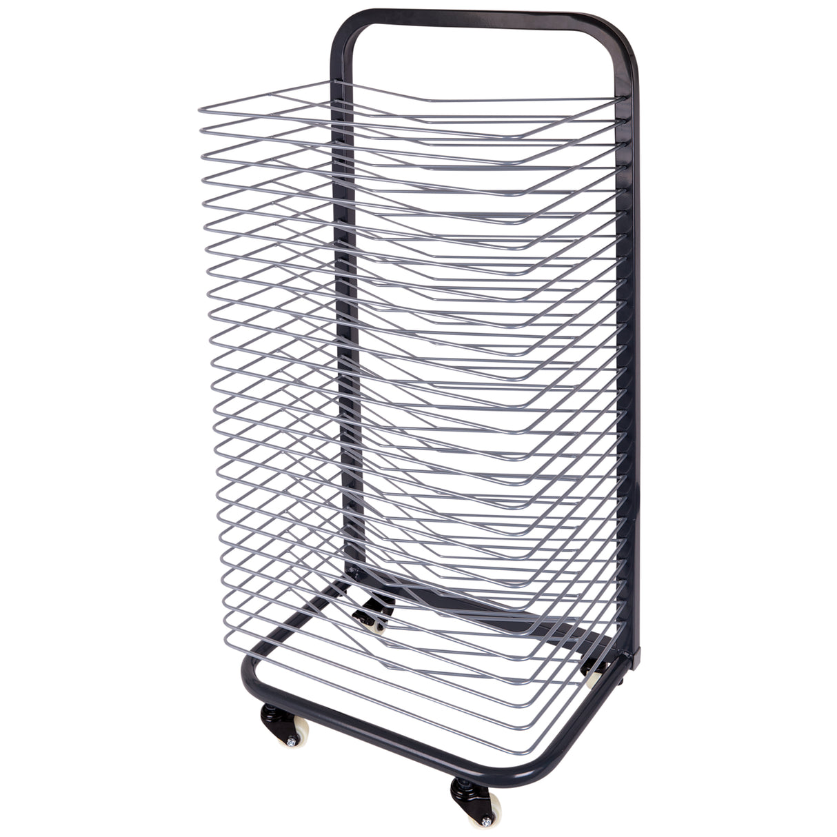 Zart Mobile Drying Rack 25 Shelves featuring a tall black metal frame with multiple evenly spaced horizontal wire shelves. The open structure shows curved tray supports and a sturdy base with four small caster wheels, highlighting its lightweight, functional design against a neutral background.