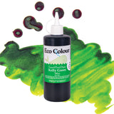 A bottle of Eco Colour Liquid Food Dyes in Kelly Green, 500ml, featuring a white pointed nozzle cap and a label showing a whale illustration. The dark green liquid is described as Non Toxic, shown against a backdrop of green and magenta watercolour splashes.