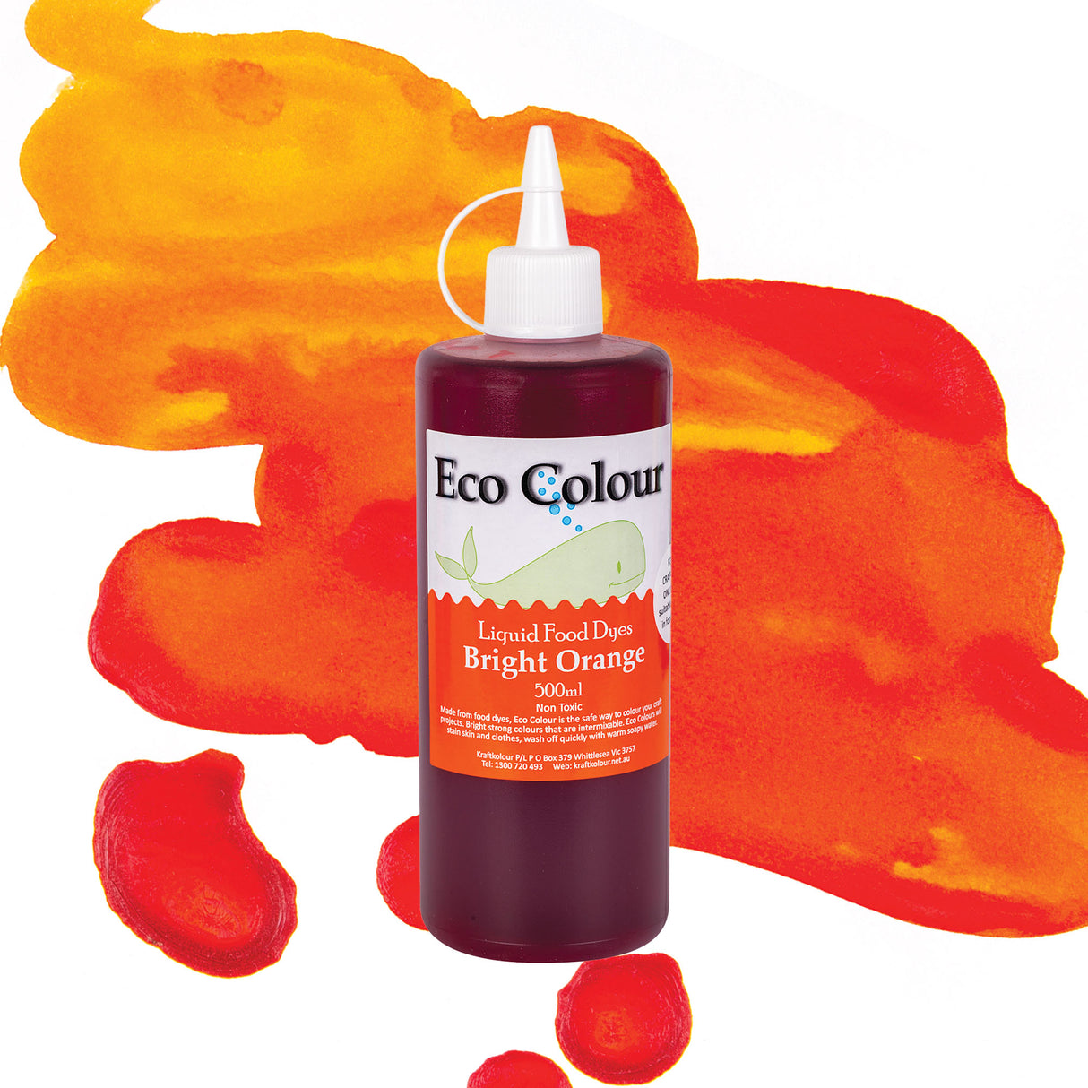 A bottle of Eco Colour Liquid Food Dyes in Bright Orange, 500ml, featuring a white pointed nozzle cap and a label showing a whale illustration. The dark orange liquid is described as Non Toxic, shown against a backdrop of orange, yellow, and red watercolour splashes.