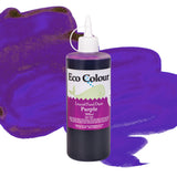 A bottle of Eco Colour Liquid Food Dyes in Purple, 500ml, featuring a white pointed nozzle cap and a label showing a whale illustration. The dark purple liquid is described as Non Toxic, shown against a backdrop of deep purple and violet watercolour splashes.