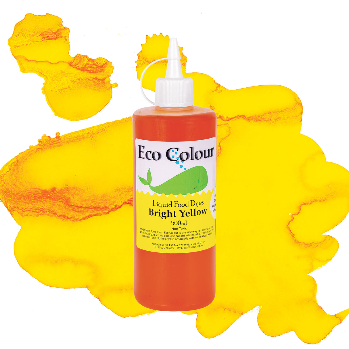 A bottle of Eco Colour Liquid Food Dyes in Bright Yellow, 500ml, featuring a white pointed nozzle cap and a label showing a whale illustration. The orange-yellow liquid is described as Non Toxic, shown against a backdrop of bright yellow and orange watercolour splashes.