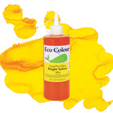 A bottle of Eco Colour Liquid Food Dyes in Bright Yellow, 500ml, featuring a white pointed nozzle cap and a label showing a whale illustration. The orange-yellow liquid is described as Non Toxic, shown against a backdrop of bright yellow and orange watercolour splashes.