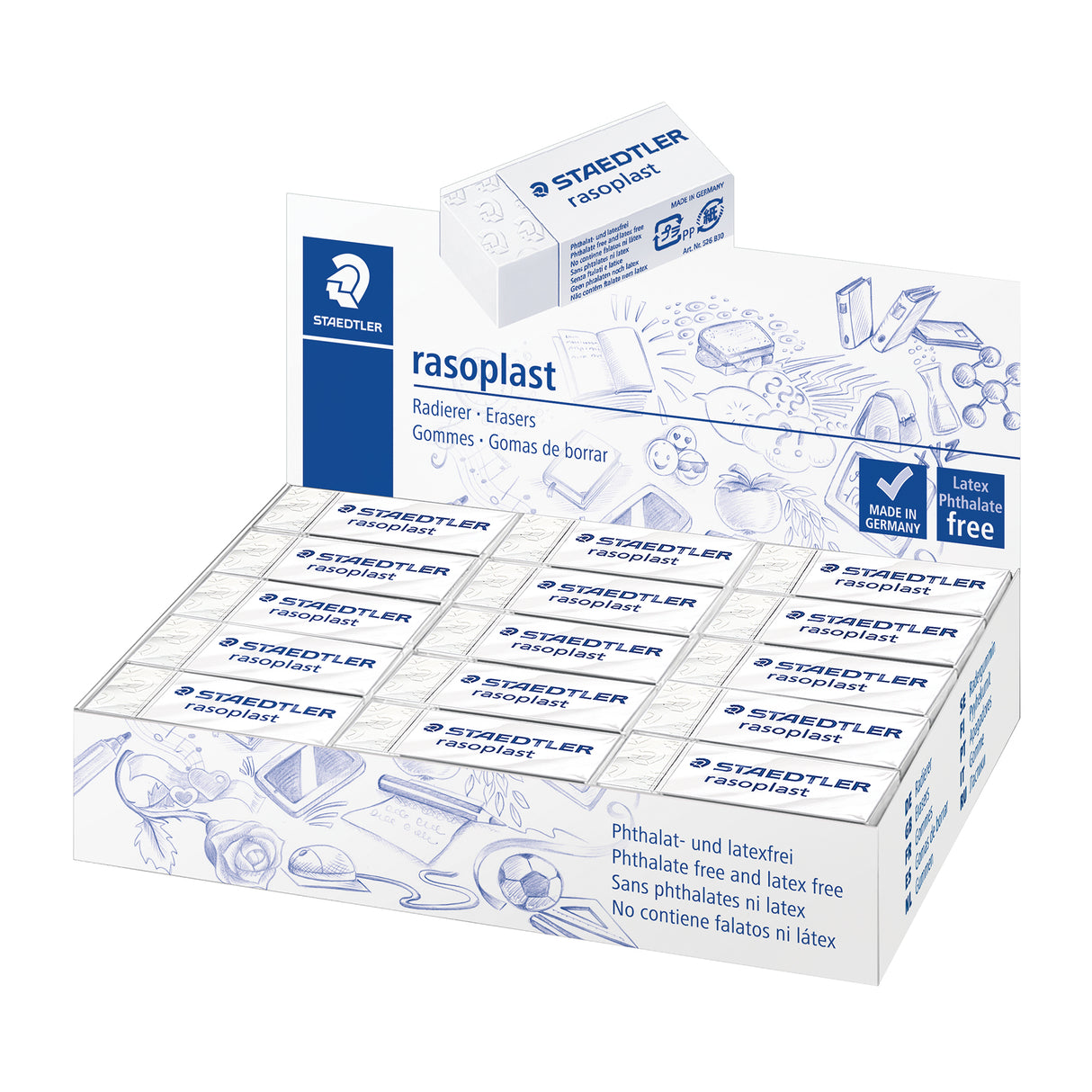 Display box of Staedtler Rasoplast erasers arranged in rows inside white and blue packaging with illustrated sketch graphics. Visible packaging text includes “STAEDTLER”, “rasoplast”, “Made in Germany” and “Latex Phthalate free”. The erasers feature clean rectangular edges and smooth matte white surfaces.