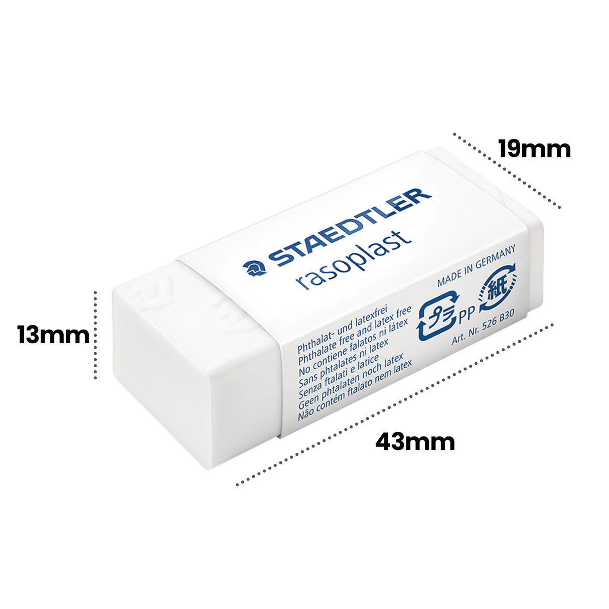 Single white Staedtler Rasoplast eraser displayed against a light grey background with dotted measurement annotations reading “43mm”, “19mm” and “13mm”. The rectangular eraser features blue printed branding, smooth matte surfaces and squared edges with rounded corners on the protective sleeve.