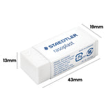 Single white Staedtler Rasoplast eraser displayed against a light grey background with dotted measurement annotations reading “43mm”, “19mm” and “13mm”. The rectangular eraser features blue printed branding, smooth matte surfaces and squared edges with rounded corners on the protective sleeve.