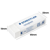 Single large white Staedtler Rasoplast eraser displayed against a light grey background with dotted measurement annotations reading “65mm”, “23mm” and “13mm”. The rectangular eraser features blue printed branding, smooth matte surfaces, crisp edges and a partially exposed eraser block extending from the sleeve.