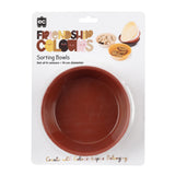 Friendship Colours Sorting Bowls in terracotta brown displayed in clear packaging showing the ec brand logo and playful lettering with smiling faces. Product images show stacked bowls in warm earthy tones including cream, yellow and brown. Set of 6 colours  15 cm diameter. Create with Colour. Inspire Belonging.