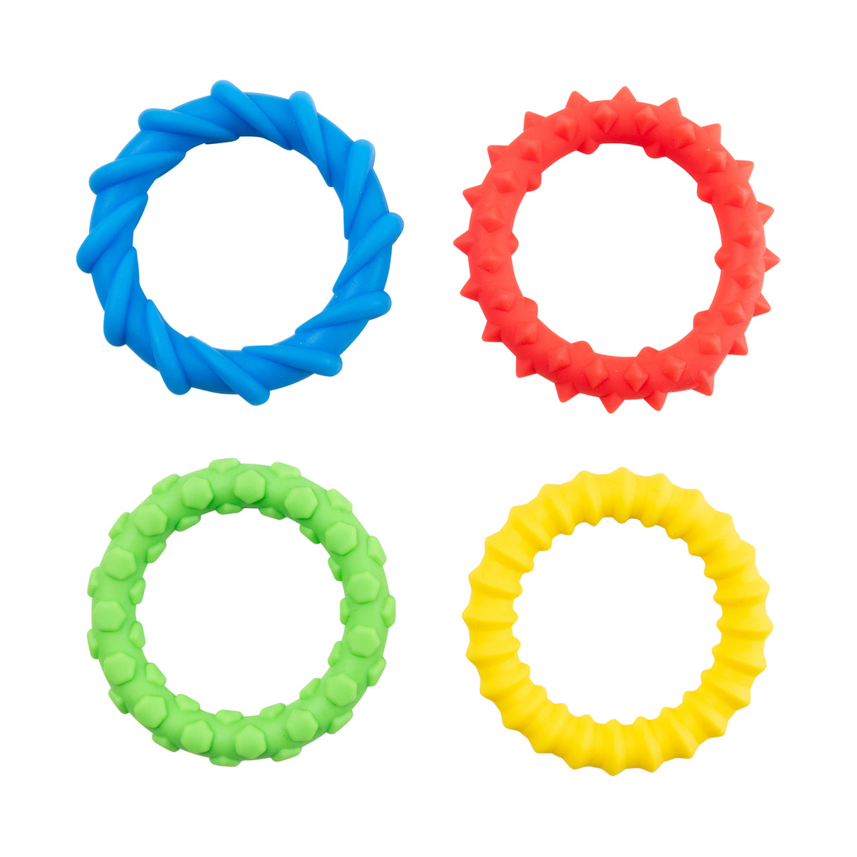 Four textured silicone fidget bracelets arranged in a grid, featuring distinct tactile patterns in bright blue, coral red, lime green, and yellow. The blue bracelet has a twisted rope design, red features pointed spikes, green displays rounded bumps, and yellow shows a wavy ridged texture.